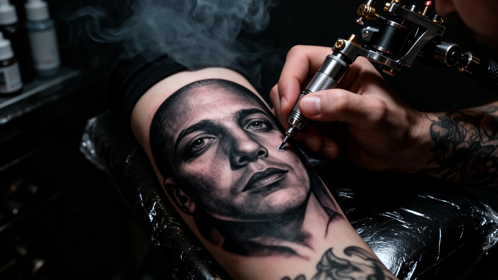 Sam Couttolenc tattooing a black and grey portrait